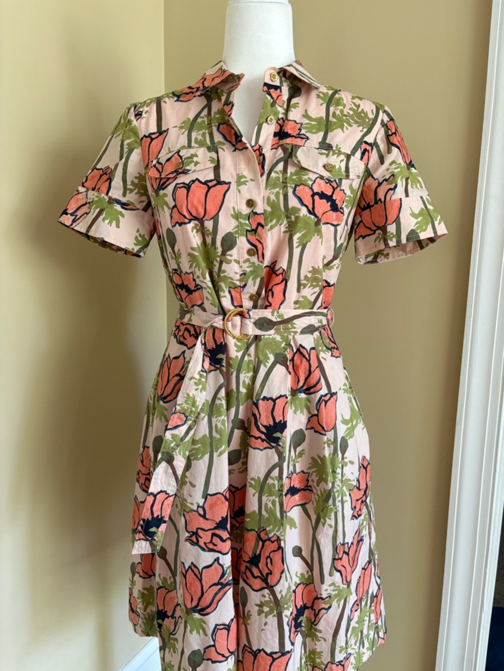 Tory Burch Peach Floral Belted Shirt Dress with Olive Stems